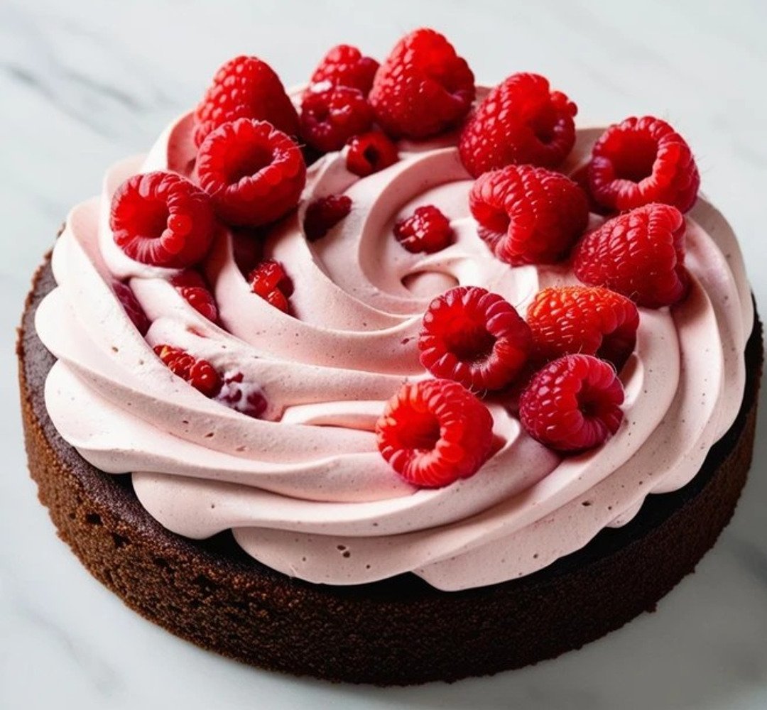 A chocolate cake topped with raspberries and whipped cream.