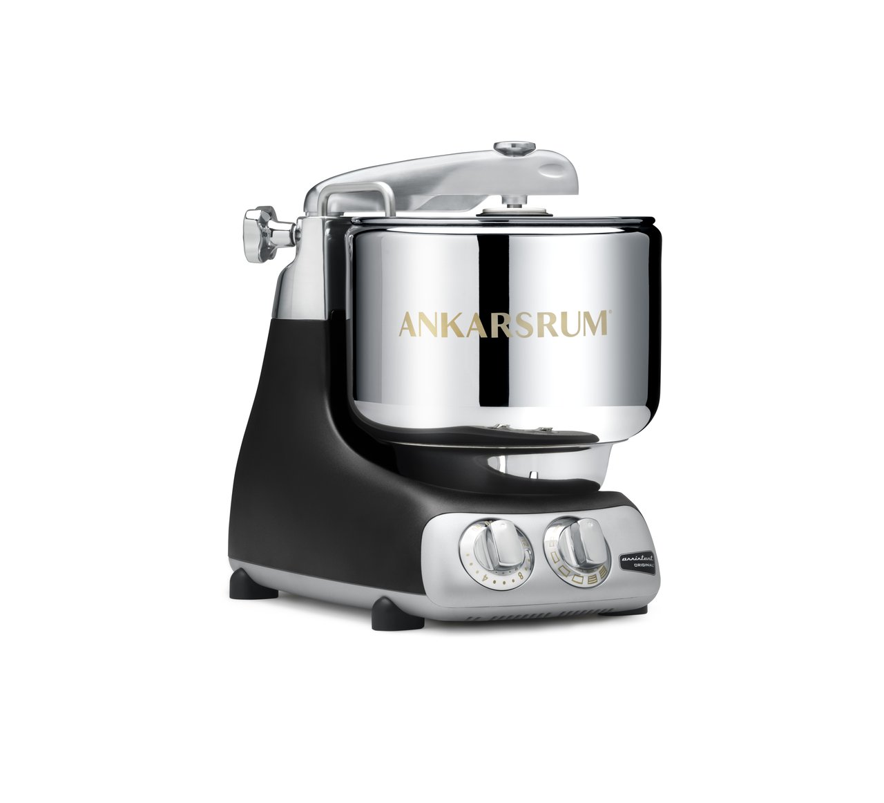 A silver and black Ankarsrum assistent on a white background.