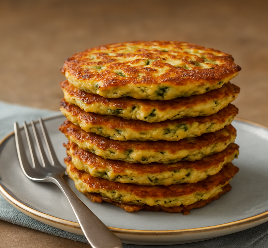 En hög med zucchinibiffar på en vit tallrik.