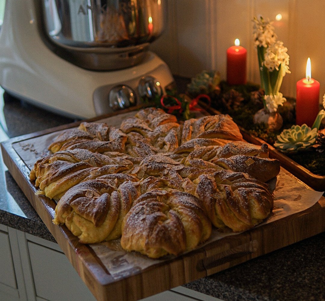 En träskärbräda med ett bröd i stjärnform med saffran.