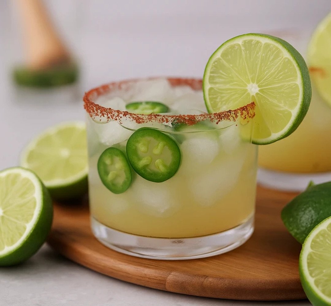 En kryddig margarita i ett glas. På en köksbänk med en lime som ligger på sidan.