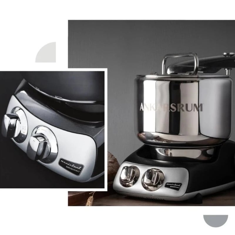 A collage featuring the Ankarsrum Assistent in black.