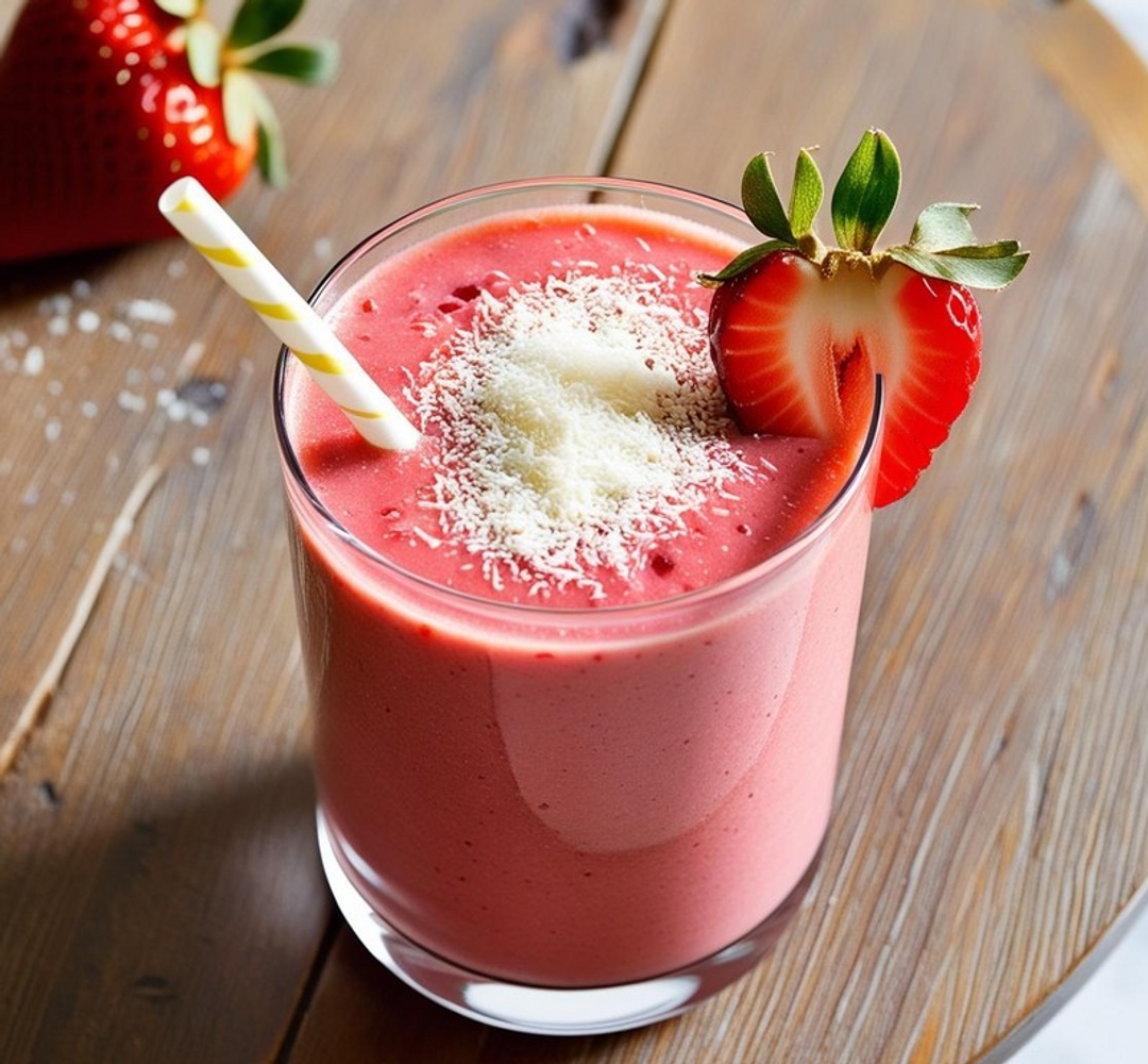 A smoothie with strawberries on a wooden table.