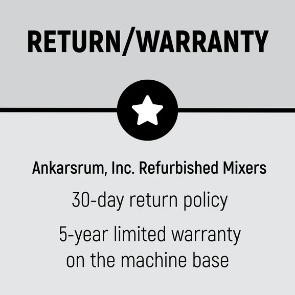 Return/Warranty. Refurbished Mixers have a 30-day return policy and a 5-year limited warranty on the machine base.