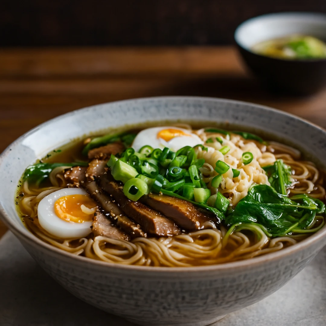 En skål ramen med hemgjorda nudlar, krispigt sidfläsk, mjukkokta ägg, salladslök och spenat i en aromatisk buljong, vackert upplagt på ett rustikt bord.