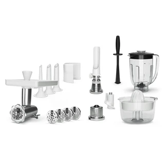 Mincer with Hole Discs & Sausage Horns, Strainer, Grater, Citrus Press and Blender with Tamper.