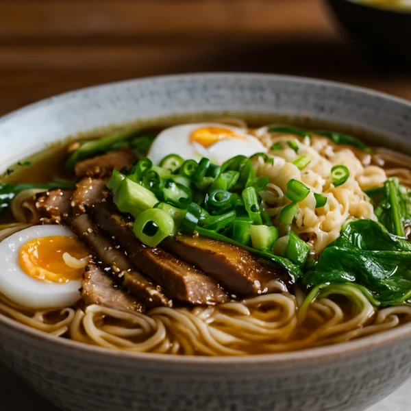 Lækker asiatisk ramen toppet med friske grøntsager, snittet præcist med grøntsagssnitteren til en alsidig Ankarsrum røremaskine.