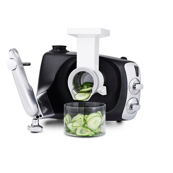 Ankarsrum Assistent Original with the Vegetable Cutter attached, slicing cucumber.