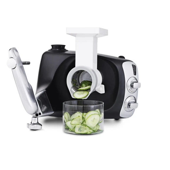 Ankarsrum Assistent Original with the Vegetable Cutter attached, slicing cucumber.