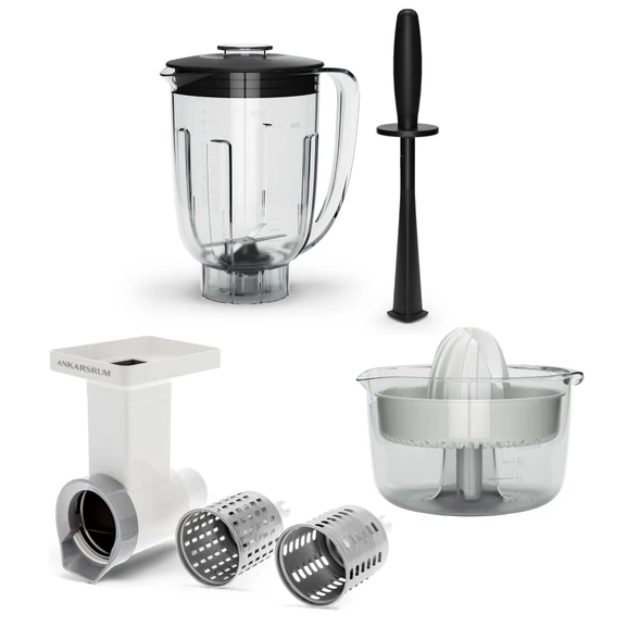 Mixer mit Stopfer, Zitruspresse und Gemüseschneider.
