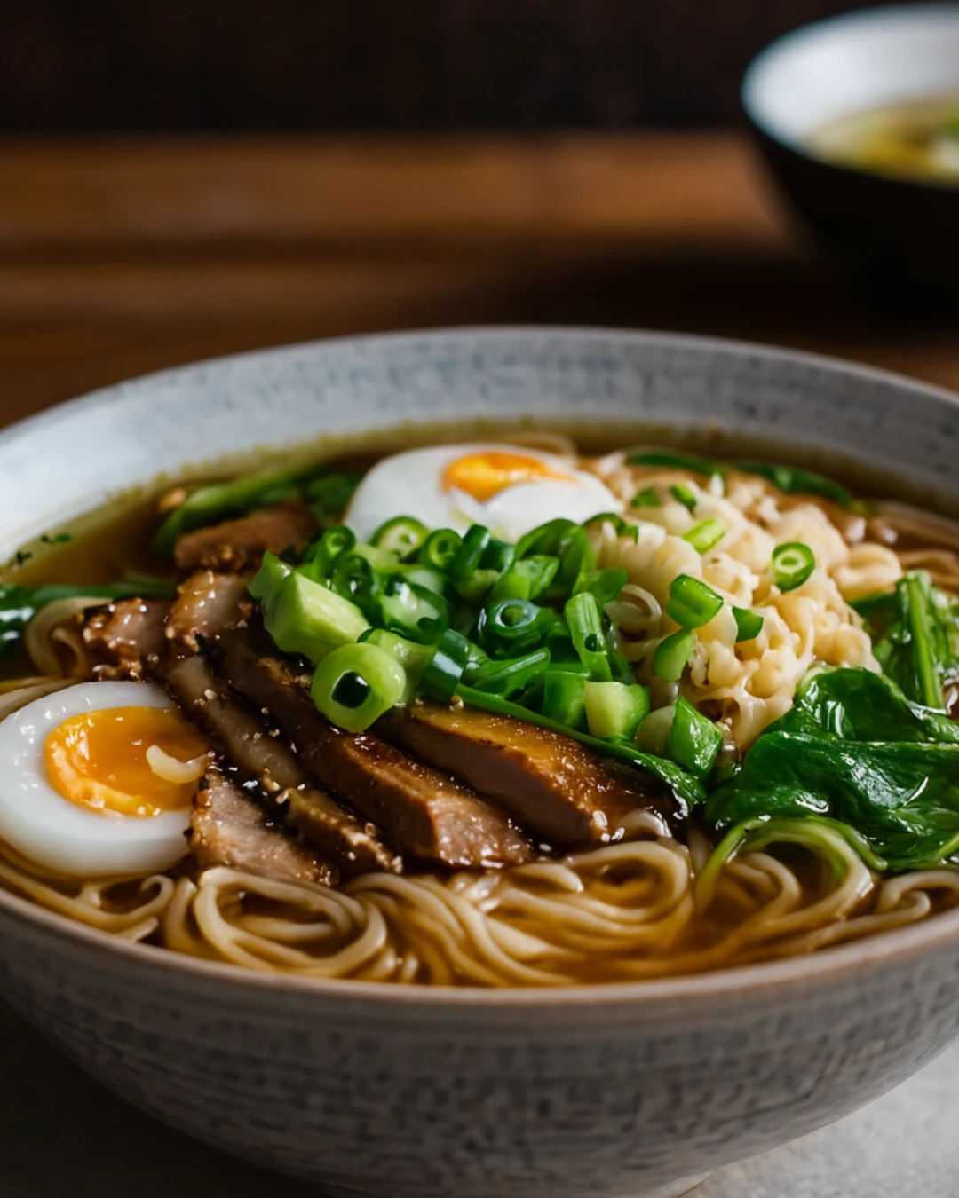 Lækker asiatisk ramen toppet med friske grøntsager, snittet præcist med grøntsagssnitteren til en alsidig Ankarsrum røremaskine.
