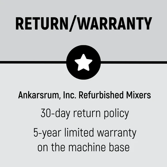 Return/Warranty. Refurbished Mixers have a 30-day return policy and a 5-year limited warranty on the machine base.