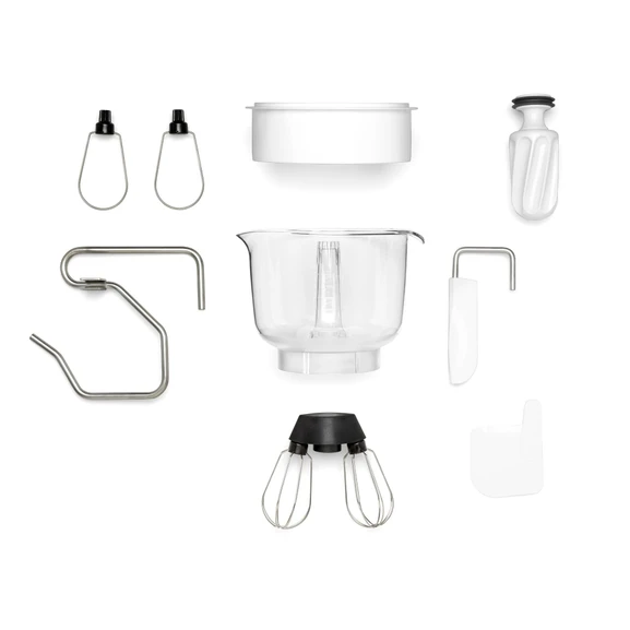 Dough Roller, Dough Knife, Dough Scraper, Dough Hook, Fermentation Lid, Beater Bowl, Balloon Whisks and Cookie Beaters.