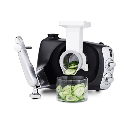 Ankarsrum Assistent Original with the Vegetable Cutter attached, slicing cucumber.