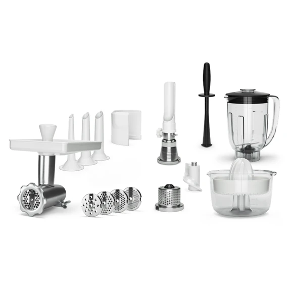 Mincer with Hole Discs & Sausage Horns, Strainer, Grater, Citrus Press and Blender with Tamper.